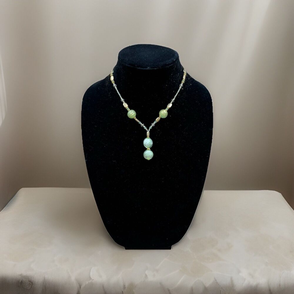 Vintage-Style Sage Green Speckled Glass Beaded Y-Drop Lariat Necklace